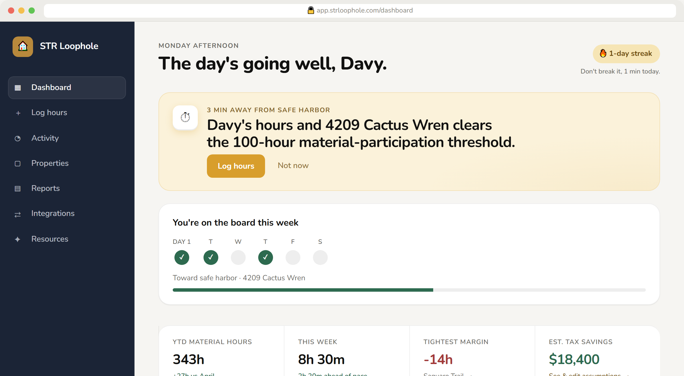 STR Loophole dashboard showing hours logged toward material participation